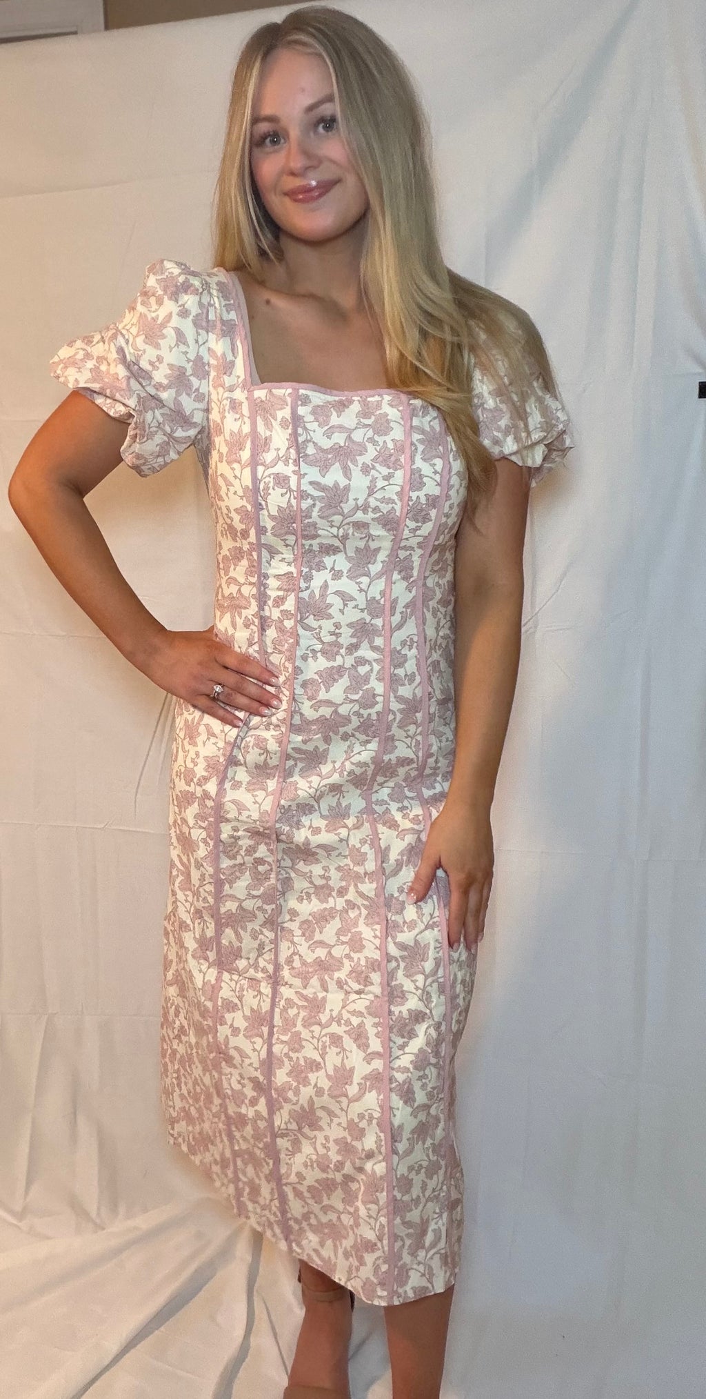 Dusty Rose Midi Bubble Sleeve Dress