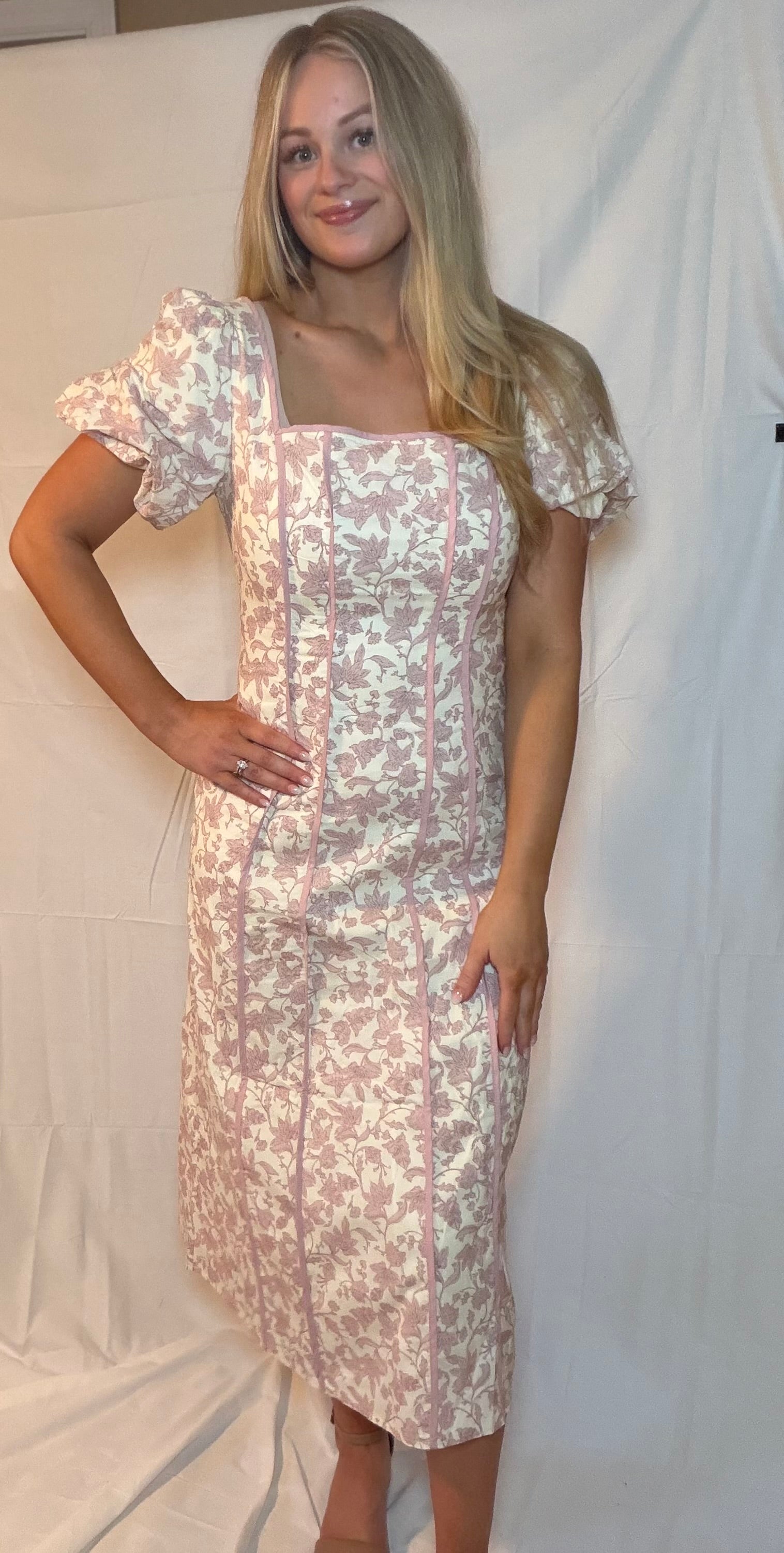 Dusty Rose Midi Bubble Sleeve Dress