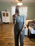 Olive Ribbed Straight Leg Jumpsuit