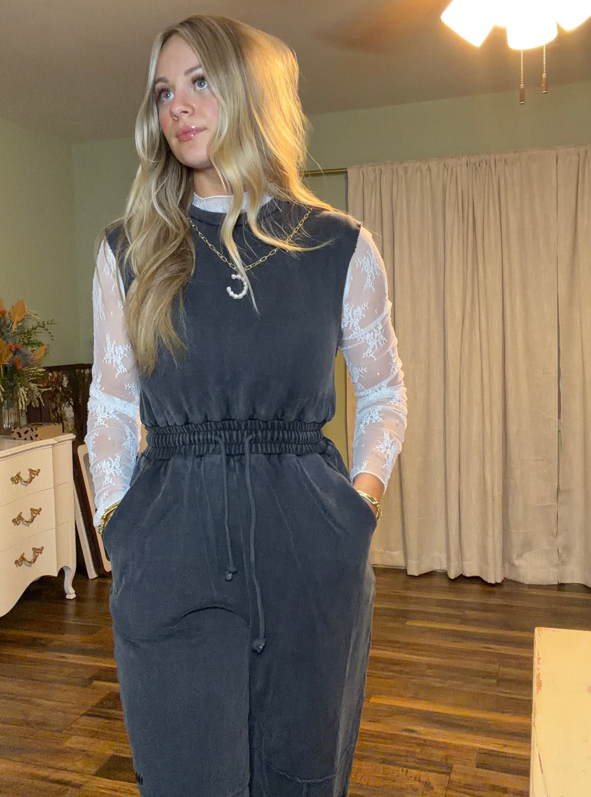 Sleeveless Black Mineral Washed Jumpsuit