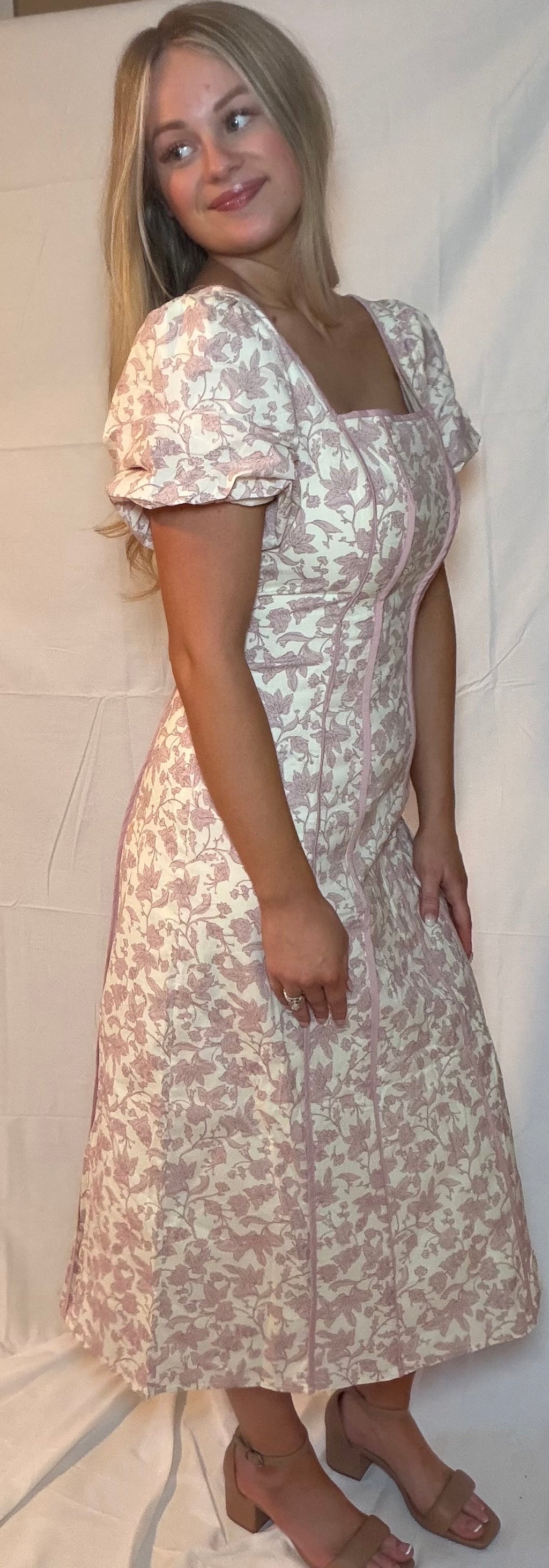 Dusty Rose Midi Bubble Sleeve Dress