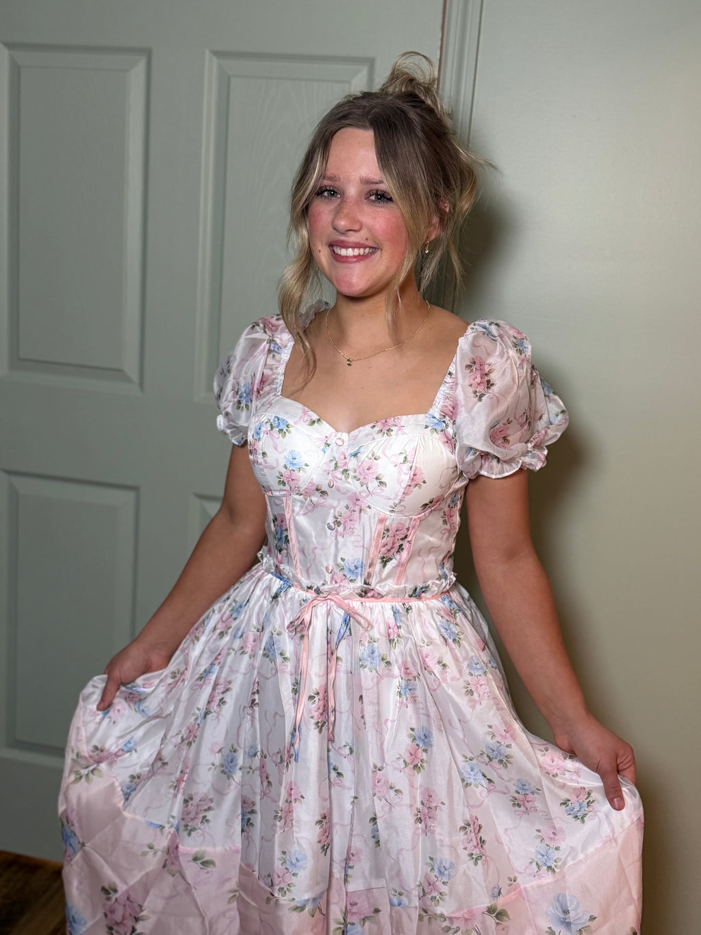 Floral Print Puff Sleeves Midi Dress