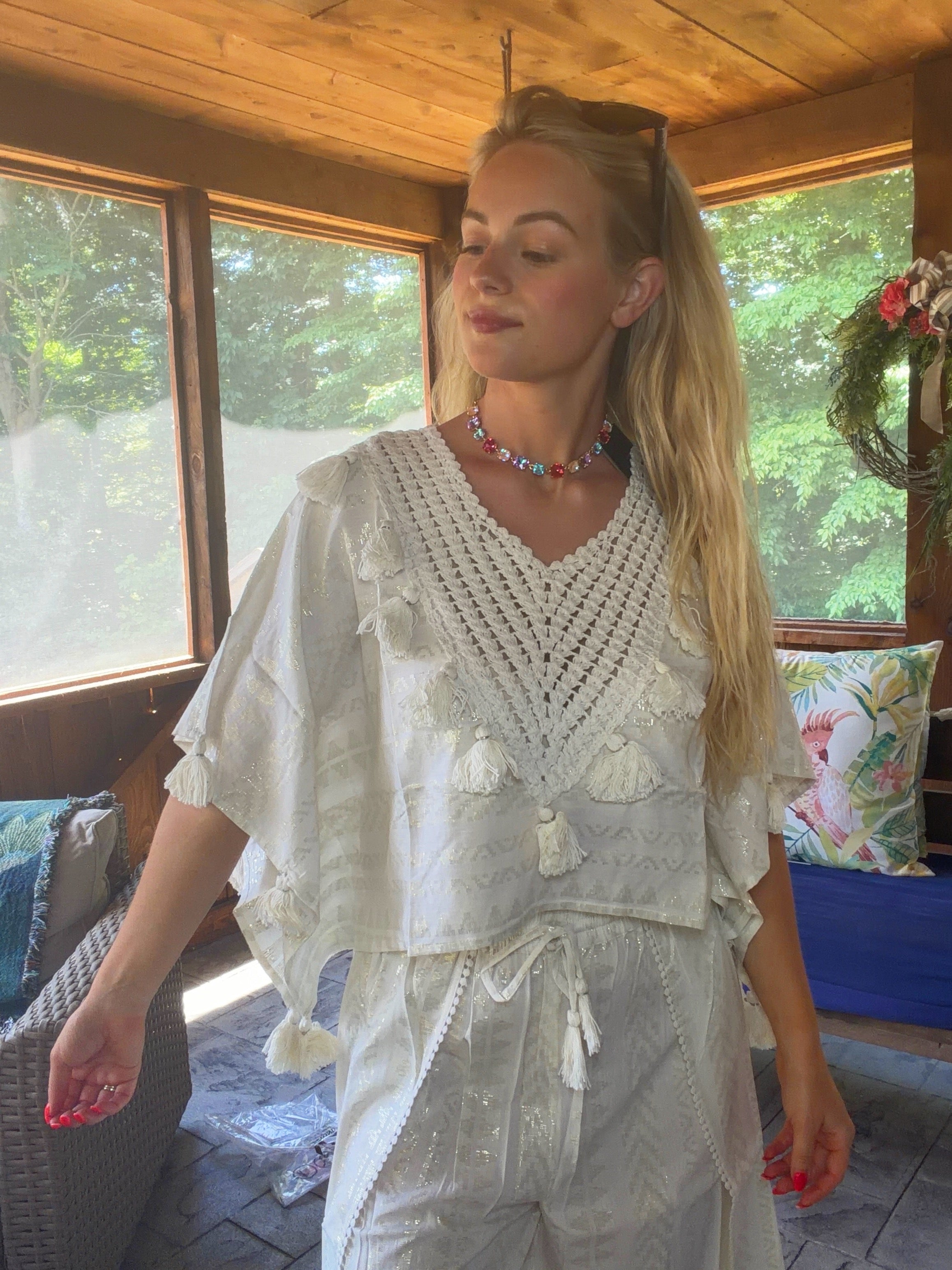 Golden Pearl Lurex Tassel Crochet Blouse