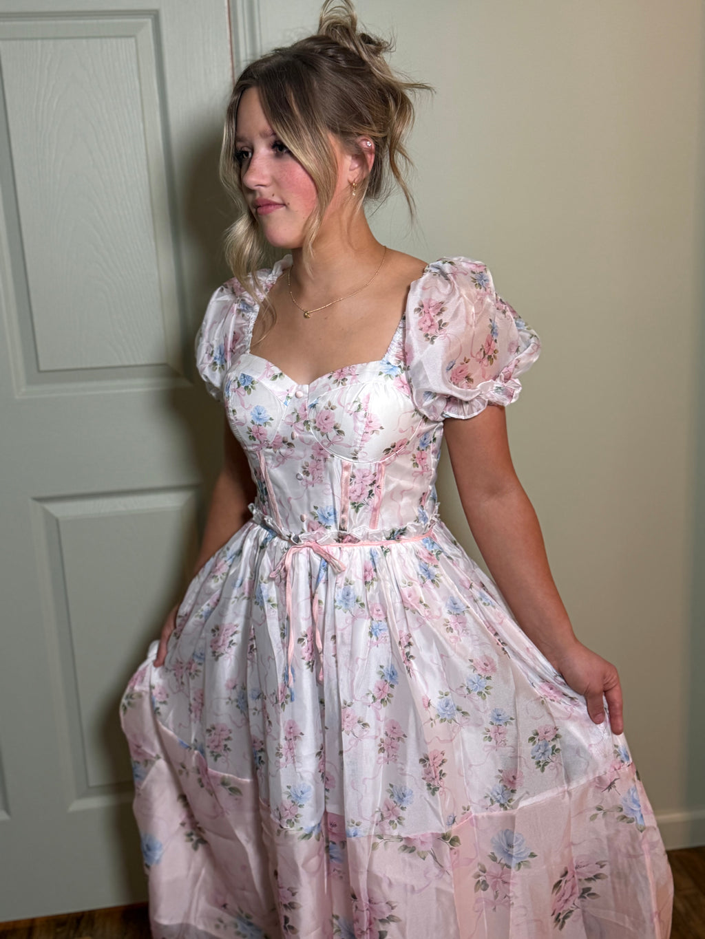 Floral Print Puff Sleeves Midi Dress