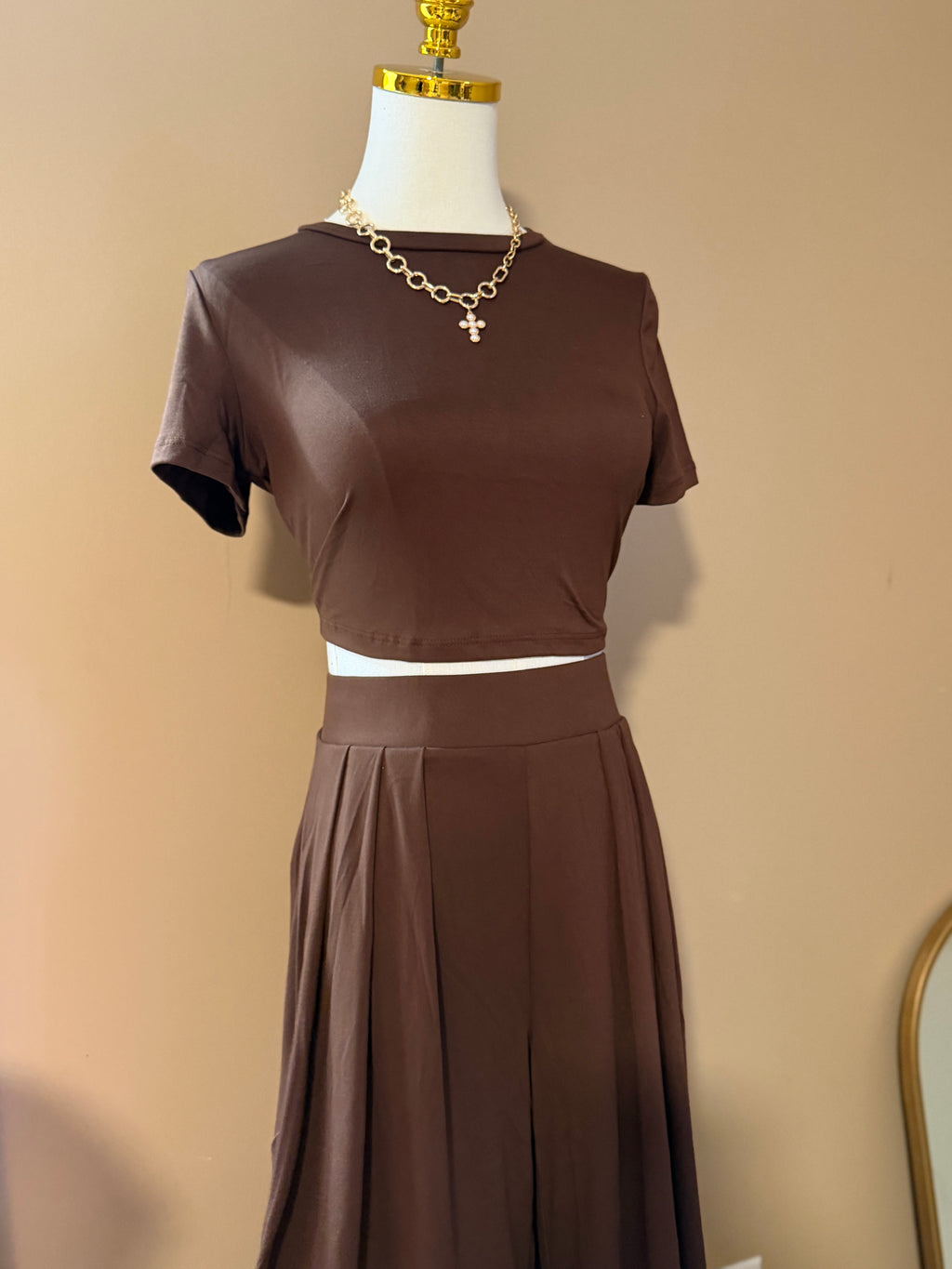 Brown Crop Top & Wide Leg Palazzo Pants