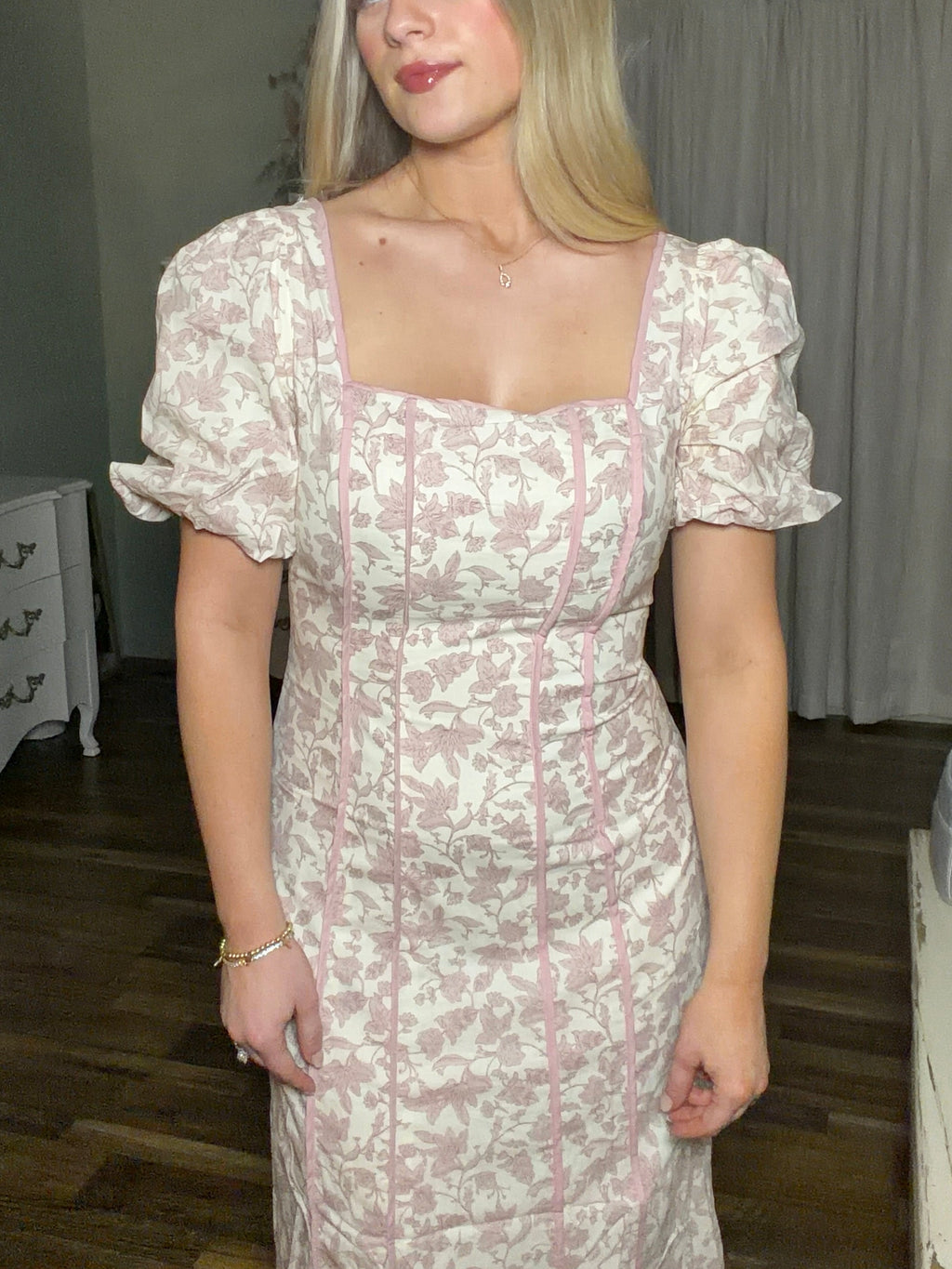Dusty Rose Midi Bubble Sleeve Dress