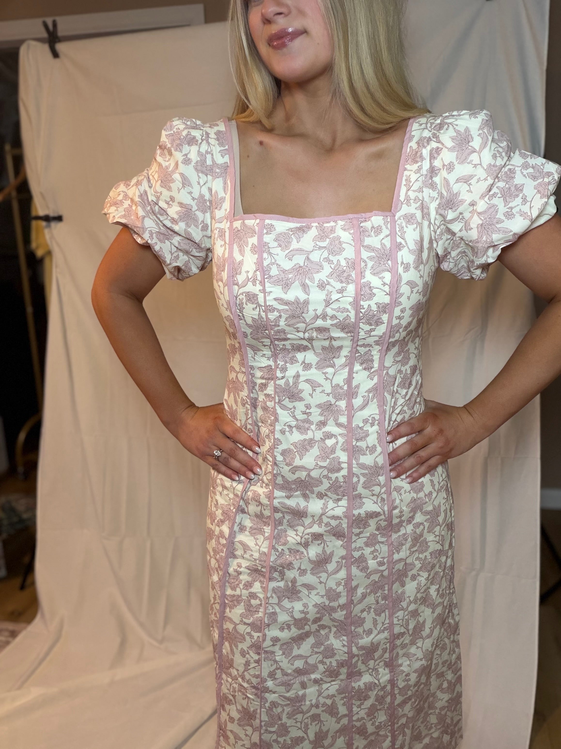 Dusty Rose Midi Bubble Sleeve Dress