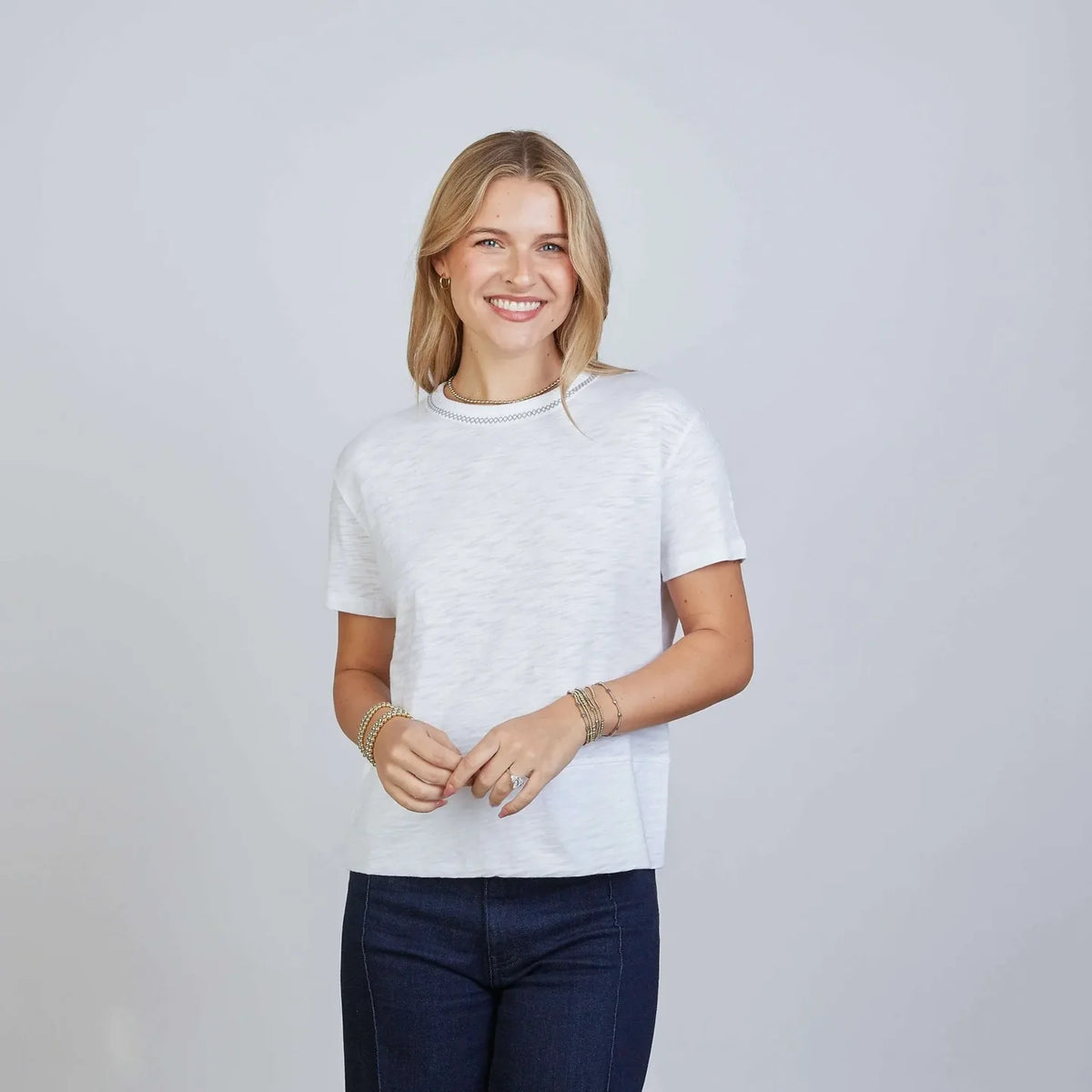 Charli Tee in White with Light Gray Contrast Stitching - Short Sleeve
