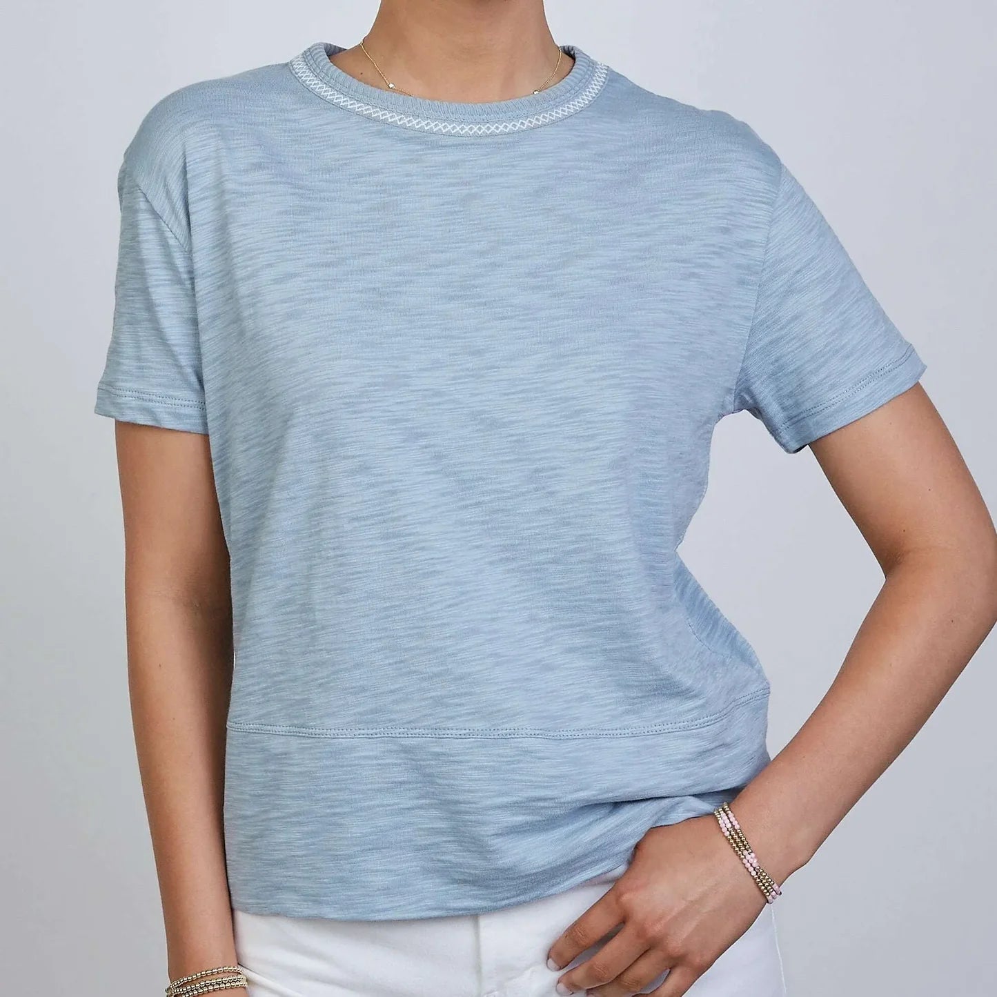 Charlie Tee in Dusty Blue with White Contrast Stitching - Short Sleeve