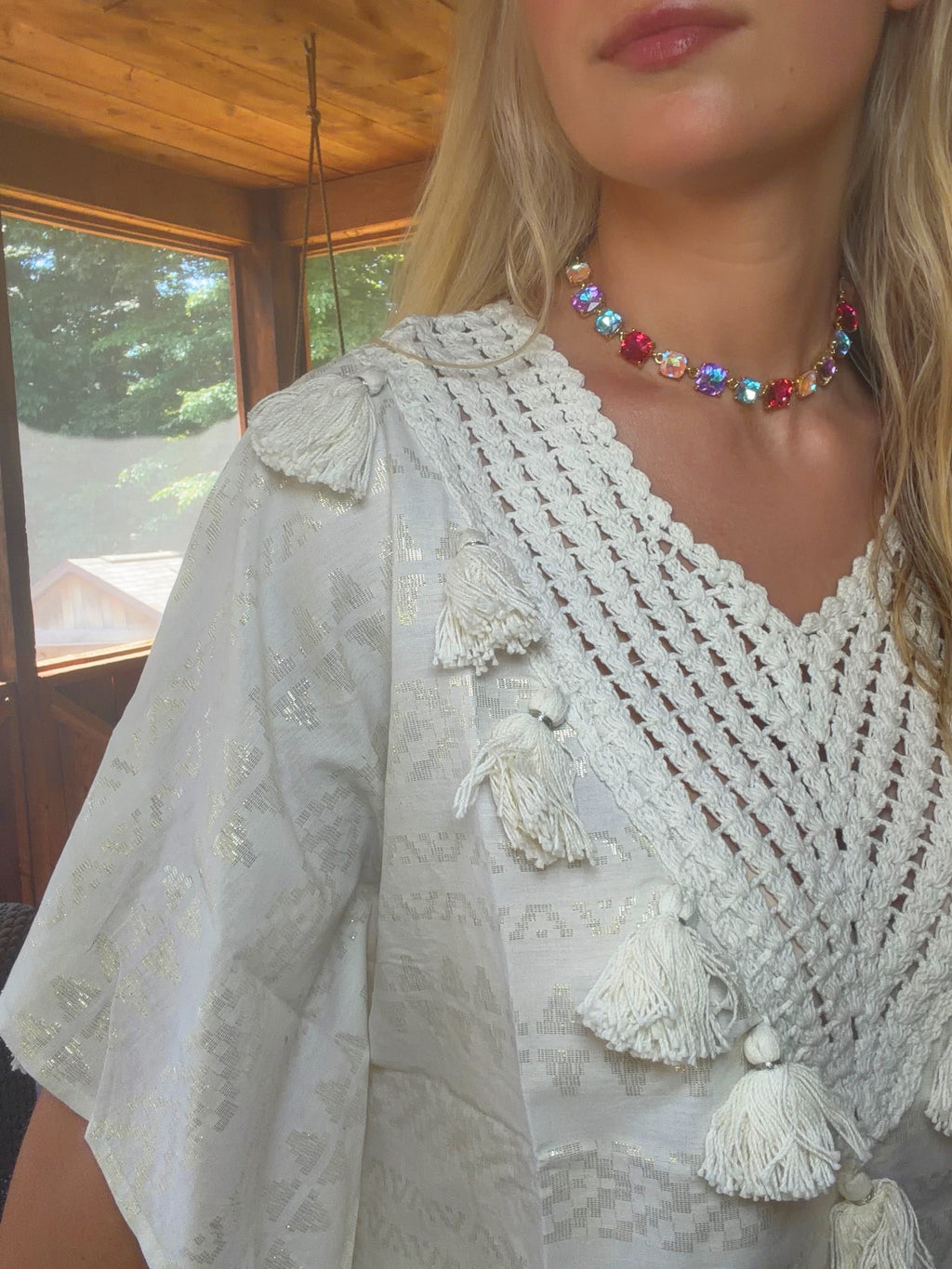 Golden Pearl Lurex Tassel Crochet Blouse