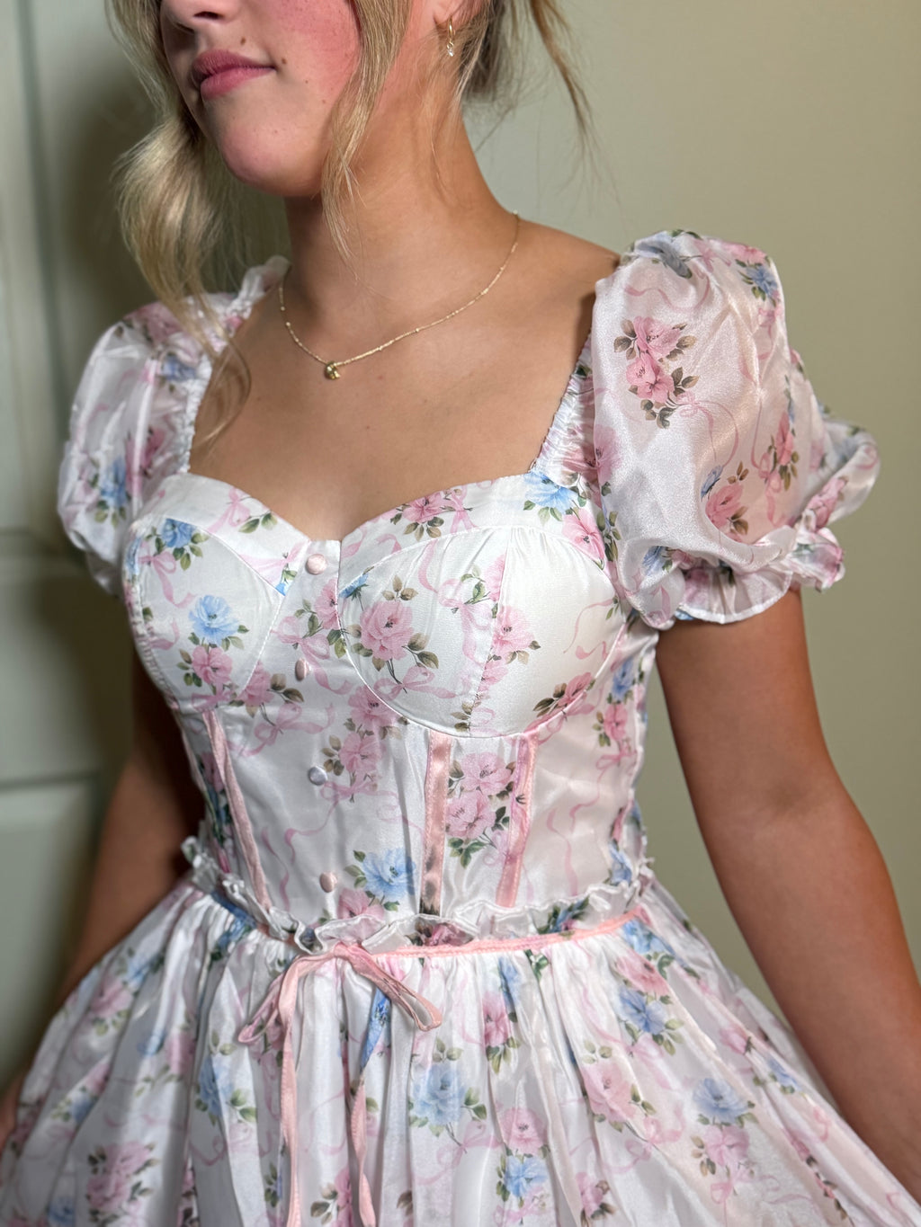 Floral Print Puff Sleeves Midi Dress