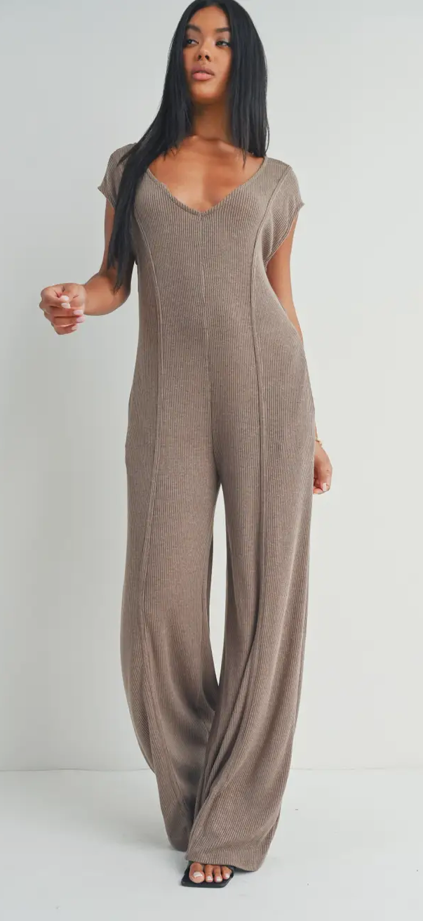 Olive Ribbed Straight Leg Jumpsuit