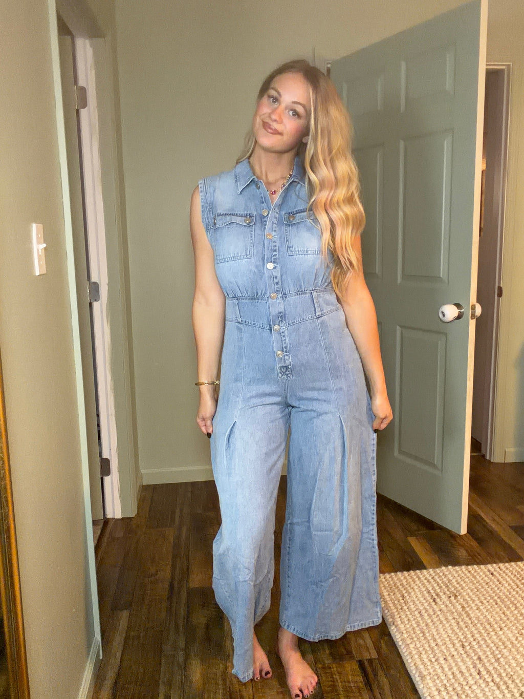 Washed Denim Sleeveless Wide Leg Jumpsuit
