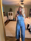 Washed Denim Sleeveless Wide Leg Jumpsuit