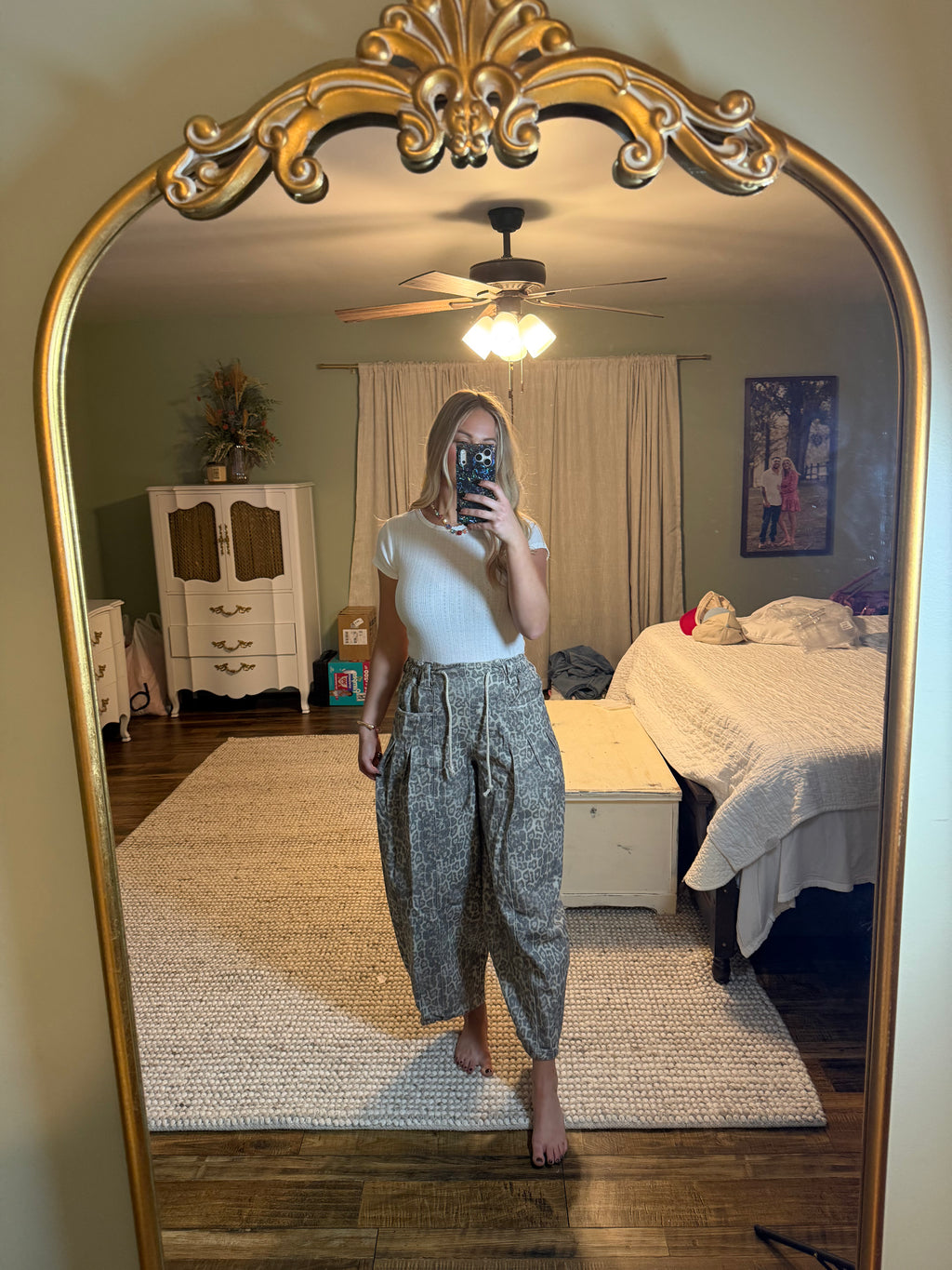 Washed Leopard Elastic Barrel Jean Pants