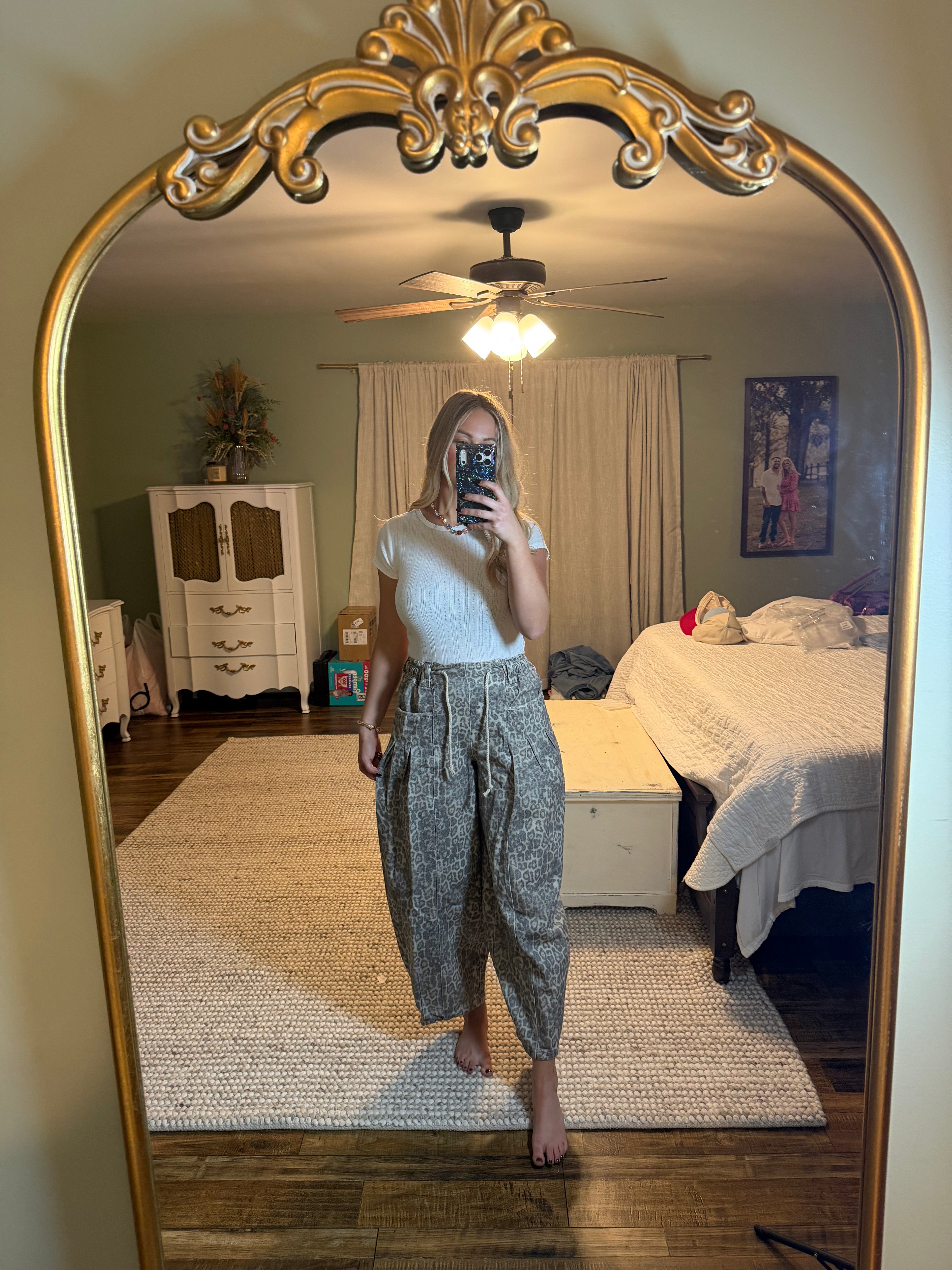 Washed Leopard Elastic Barrel Jean Pants