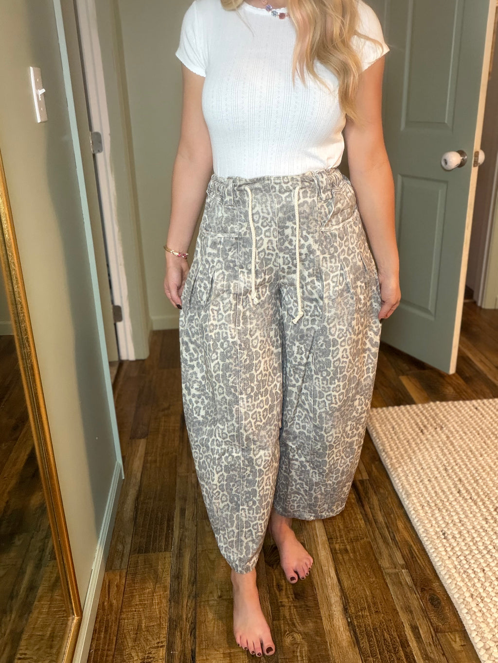 Washed Leopard Elastic Barrel Jean Pants