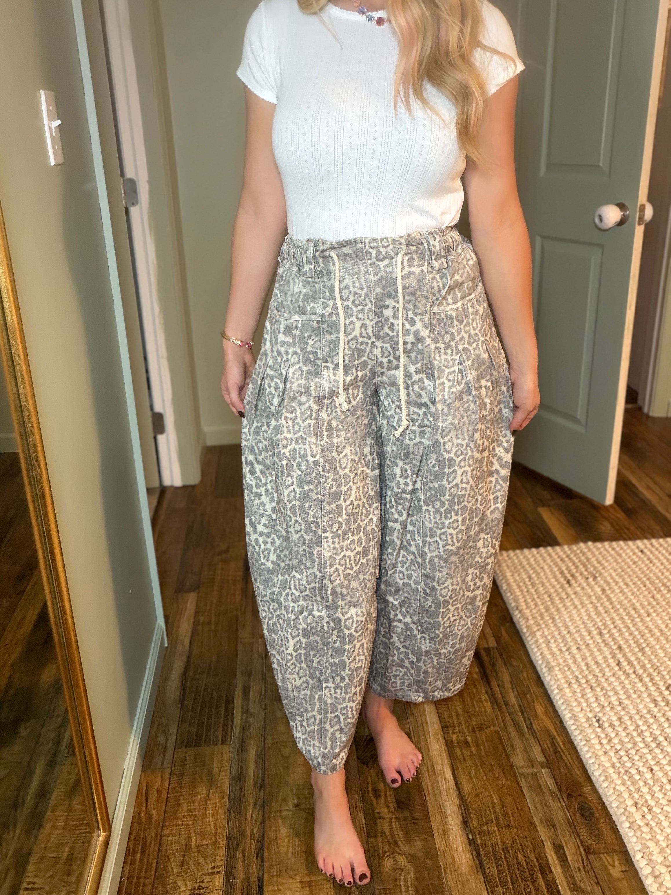 Washed Leopard Elastic Barrel Jean Pants