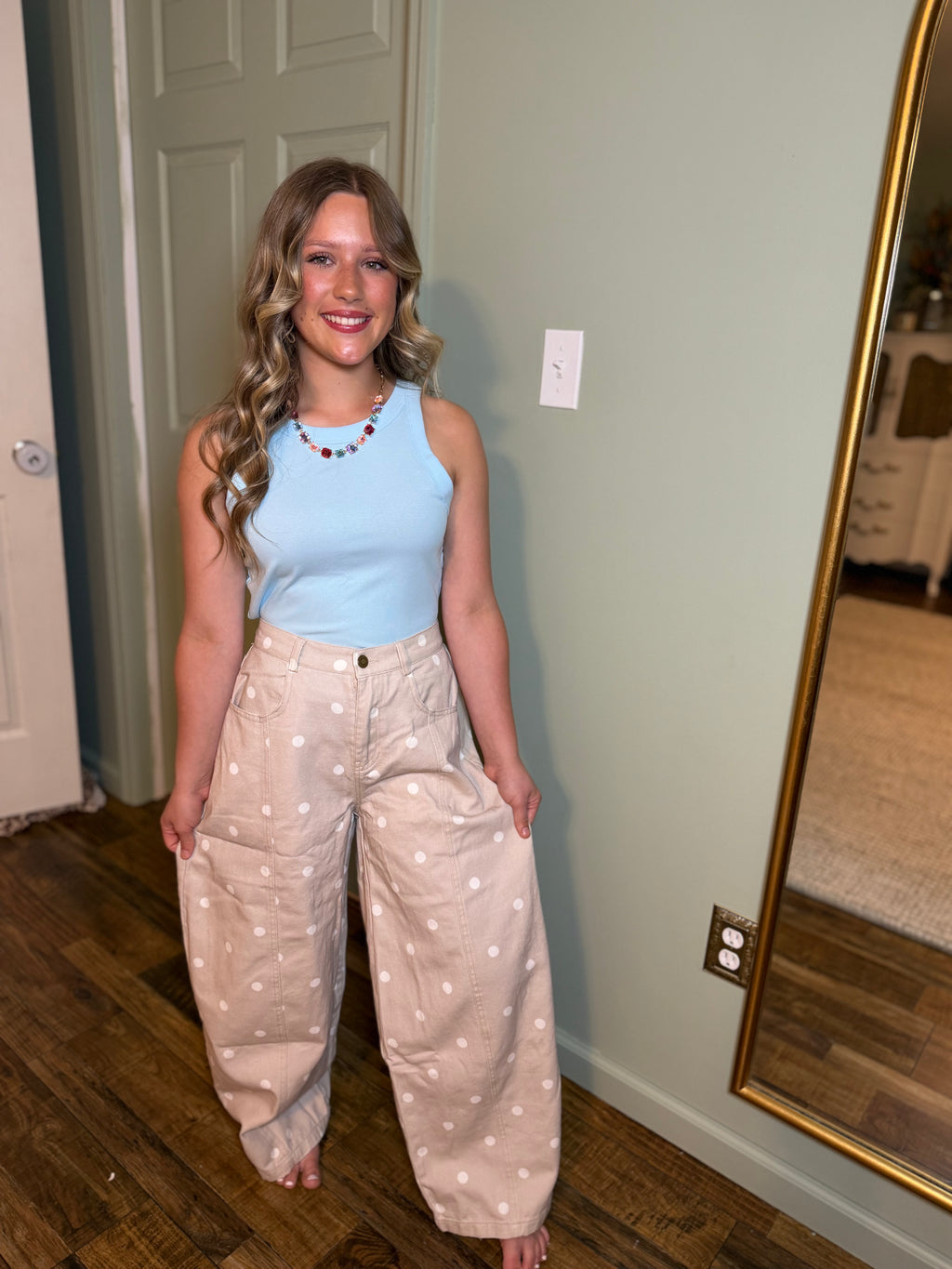 Polka Dot Printed Denim Pants