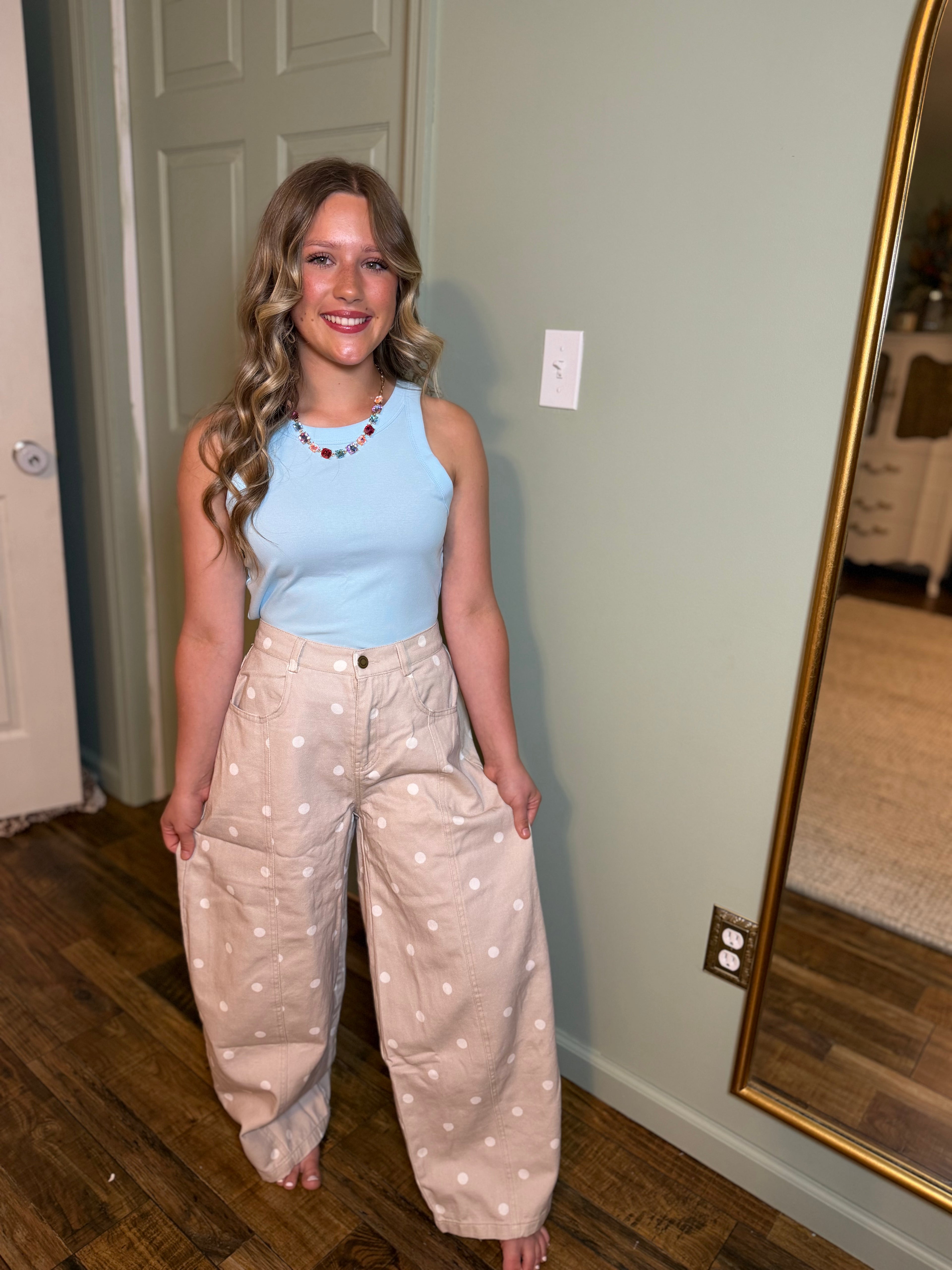 Polka Dot Printed Denim Pants